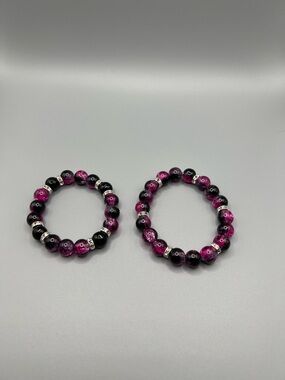 Pink and Black Beaded Stretch Bracelets - Handmade #B0298C